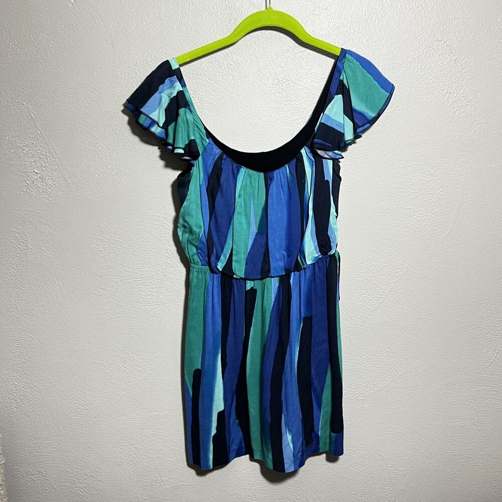 Curtsey Dress Womens Sz S Striped Blue Green Dress Sleeveless Short Semi Sheer